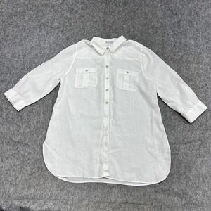 Chicos No Iron Linen Shirt Womens 12 White Button Tunic Top 3/4 Sleeve No Iron